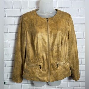 JM Collection Tan Leather Jacket with Crew Neckline/size 10P